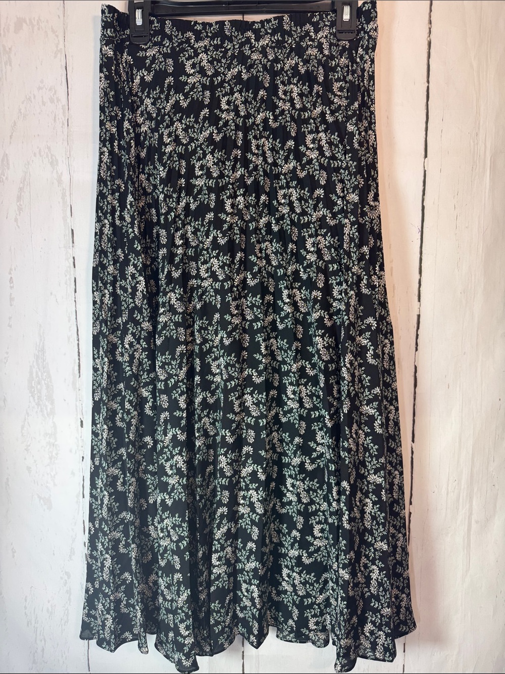 Max Studio Black Maxi Skirt, delicate flowers with green leaves, elastic waist